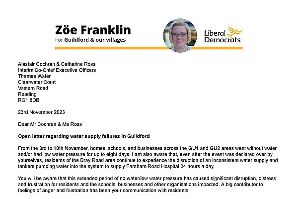 Snippet of letter by Zöe Franklin to Thames Water