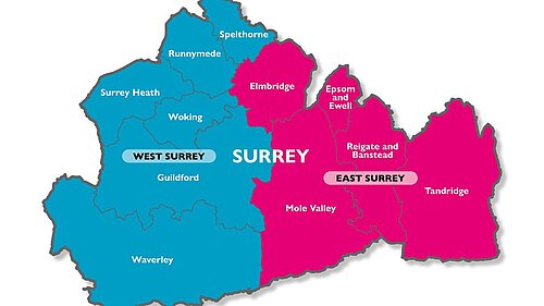 Map of Surrey showing two new unitary authorities