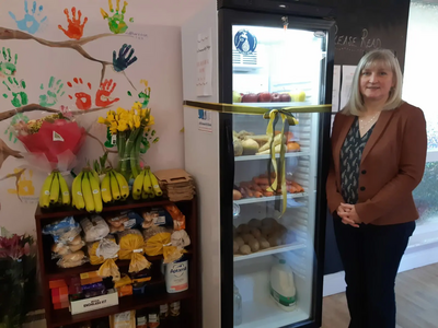 Cllr Julia McShane at opening of Guildford's new community fridge