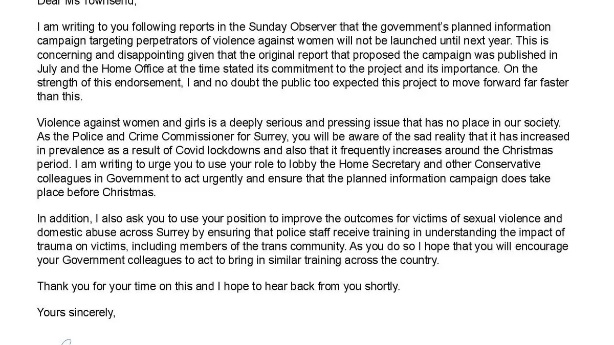 Zöe Franklin writes to Surrey Police & Crime Commissioner urging her to ...